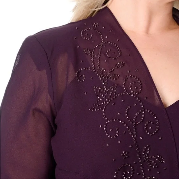 R And M Richards Beaded Two Piece Dress Jacket Eggplant Purple Maxi Size 18 - Picture 5 of 14